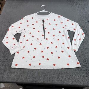 Heart Print Shirt Womens XL White Red 1/2 Zip Long Sleeve Tunic Top Valentine